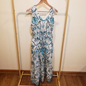 Spartina 449 Mystic Moss Stencil Blue Justine Midi Dress Small Boho Beachy